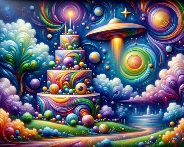 Whimsical Landscape with Vibrant Cake and Cosmic Backdrop