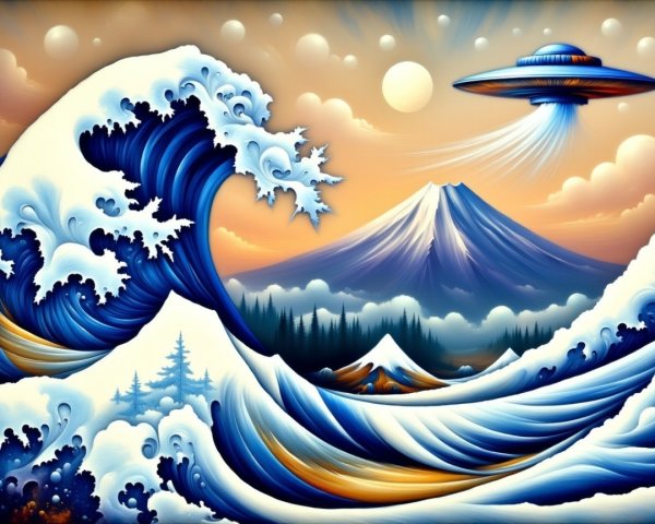 Stylized Wave and Mountain Scene with UFO Elements