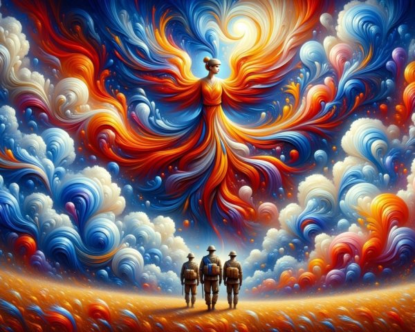 Surreal Landscape with Phoenix and Silhouetted Soldiers