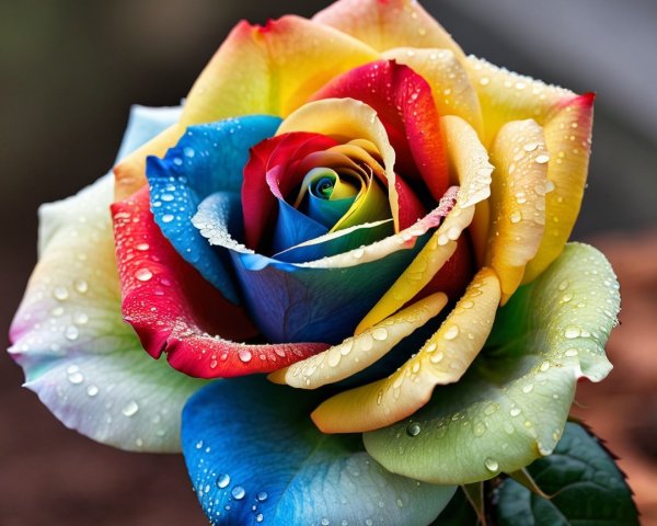 Vibrant Rainbow Rose with Water Droplets and Green Leaves