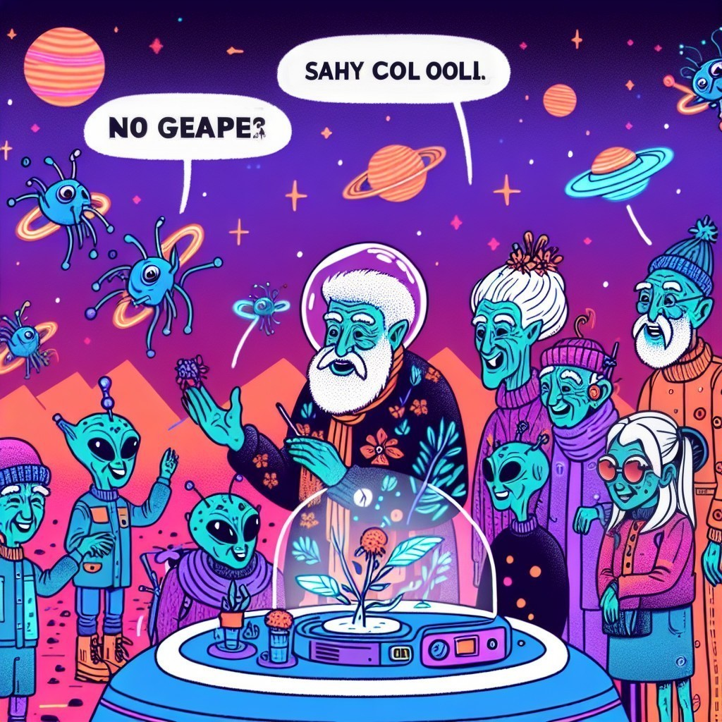 Elderly Scientist with Glowing Plant in Cosmic Scene