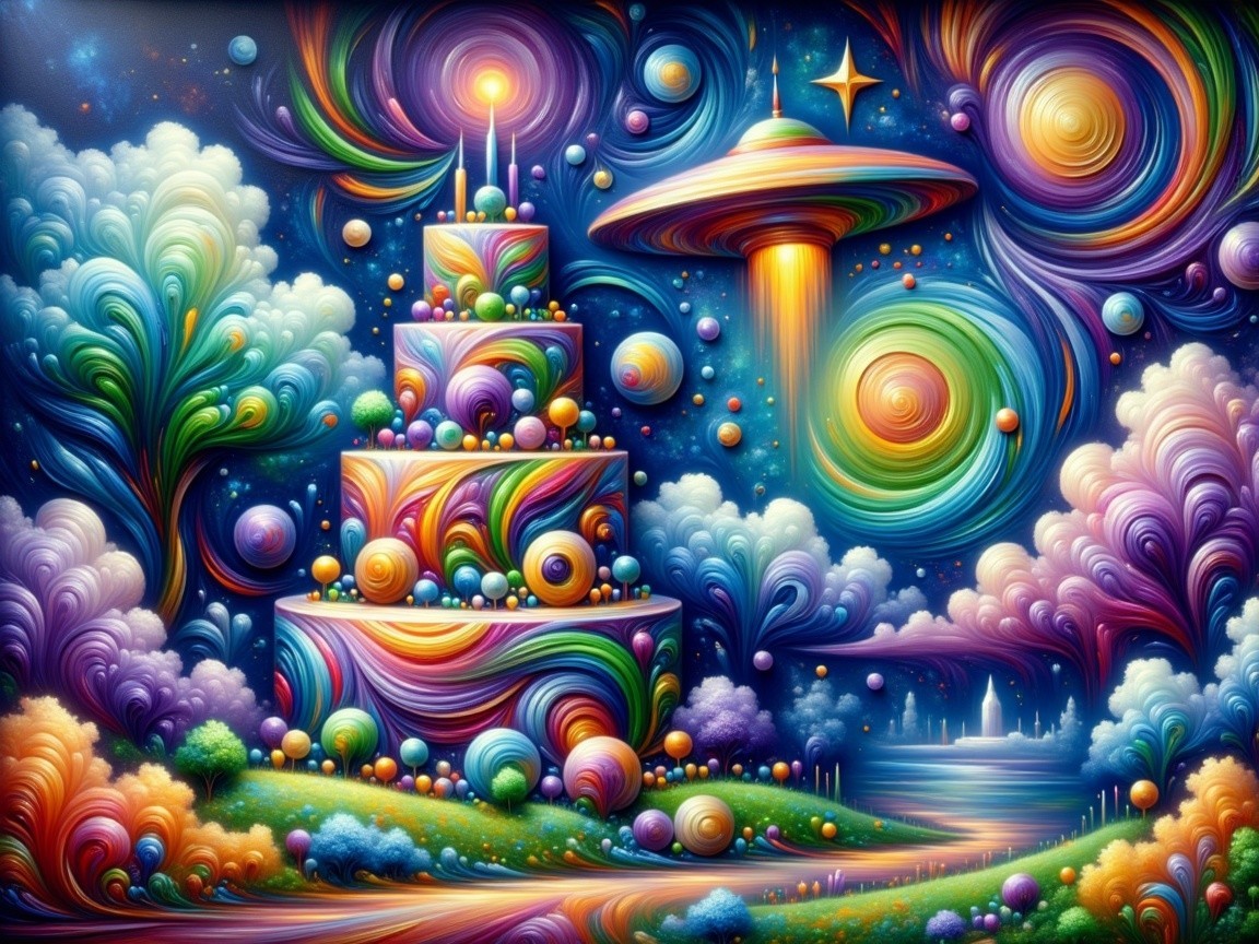 Whimsical Landscape with Vibrant Cake and Cosmic Backdrop