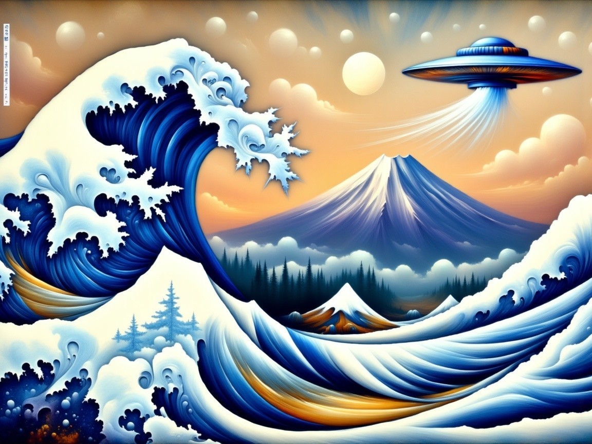 Stylized Wave and Mountain Scene with UFO Elements