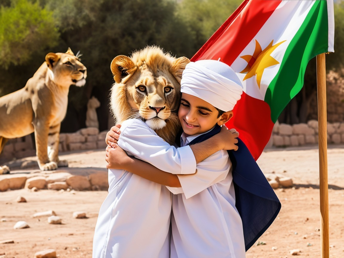 Boy in Traditional Attire Embraces a Lion in Nature