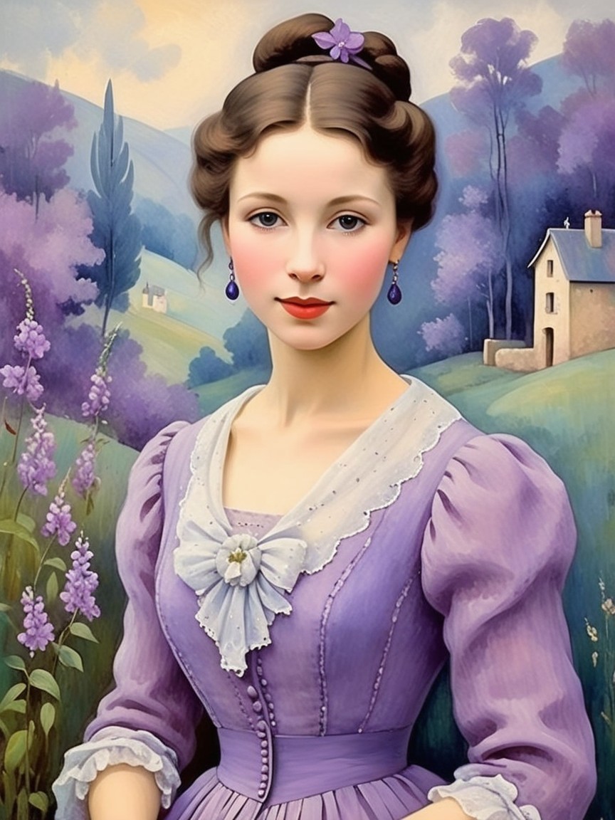 Elegant Woman in Lavender Dress Amidst Serene Landscape