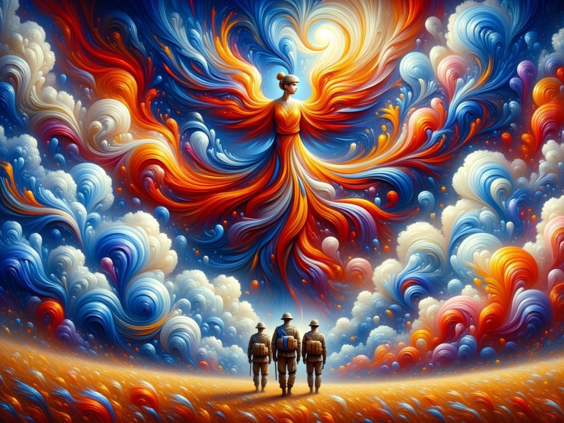 Surreal Landscape with Phoenix and Silhouetted Soldiers