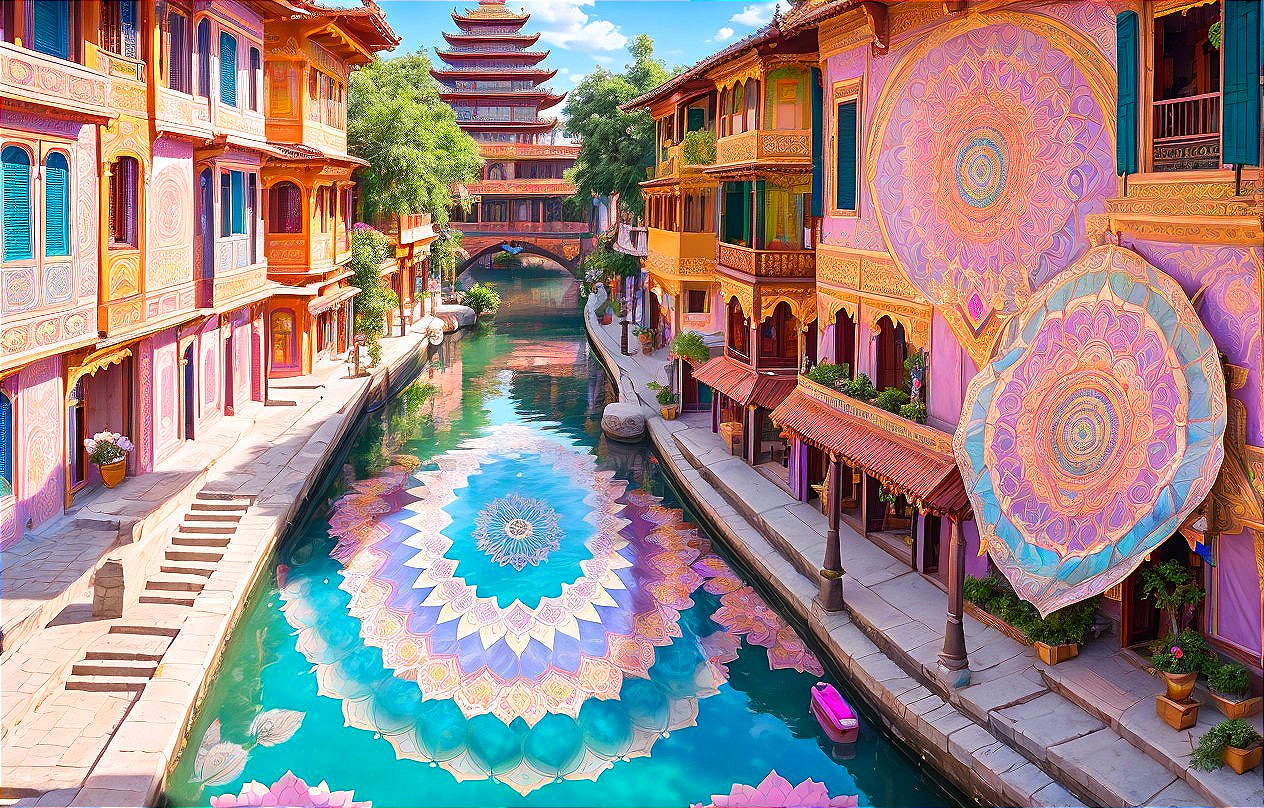 Vibrant Canal Scene with Colorful Buildings and Mandala