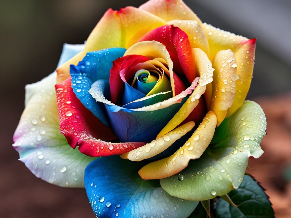 Vibrant Rainbow Rose with Water Droplets and Green Leaves