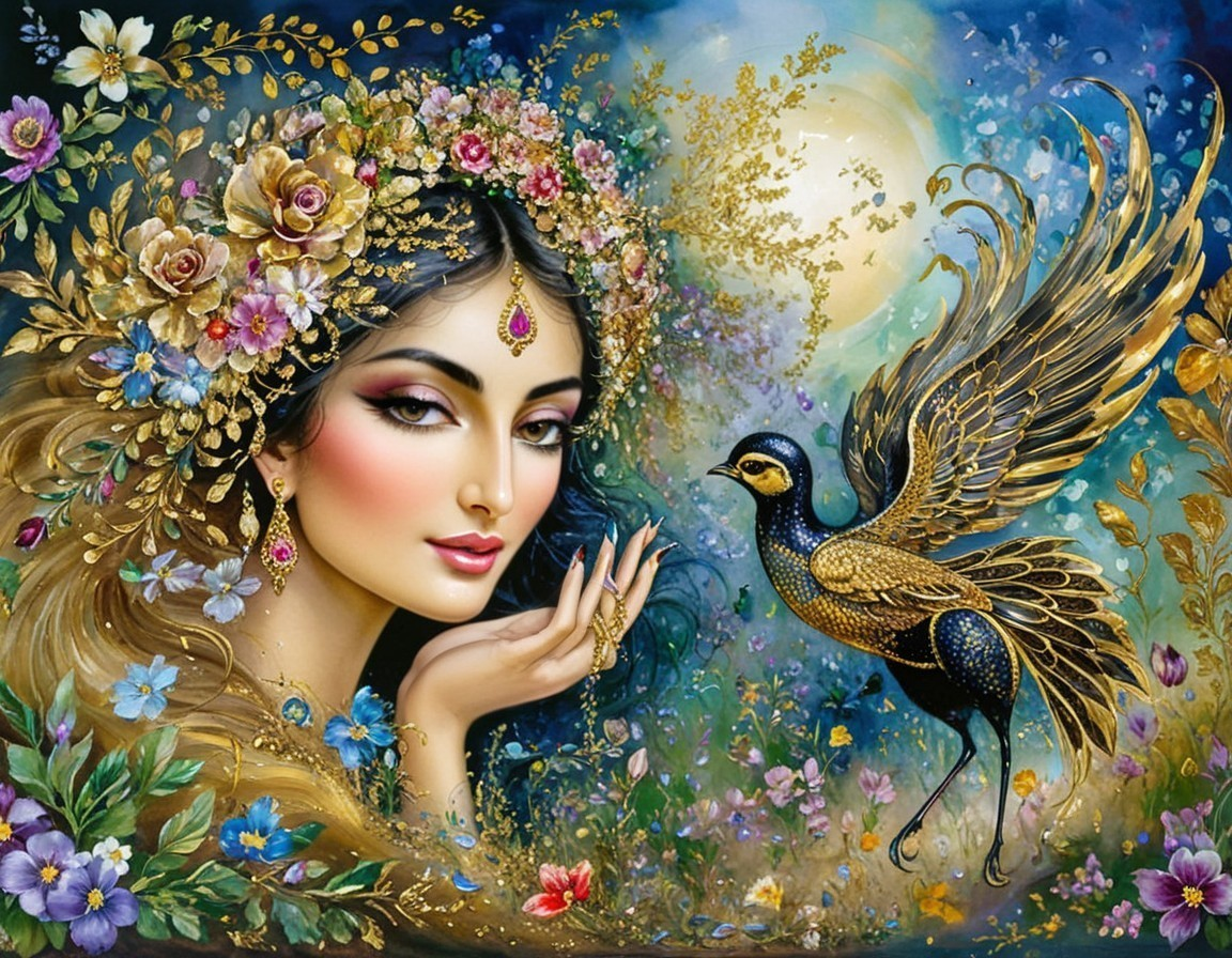 Woman with Floral Adornments and Golden Bird