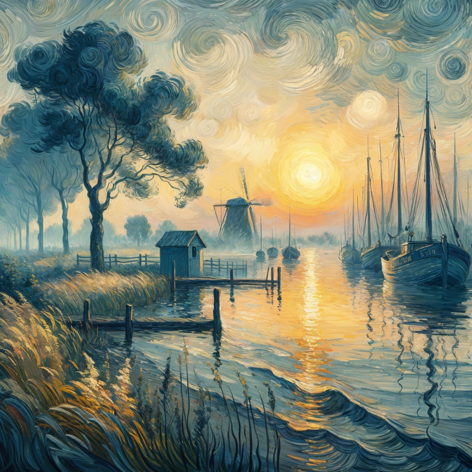 Serene riverside sunset with trees and boats