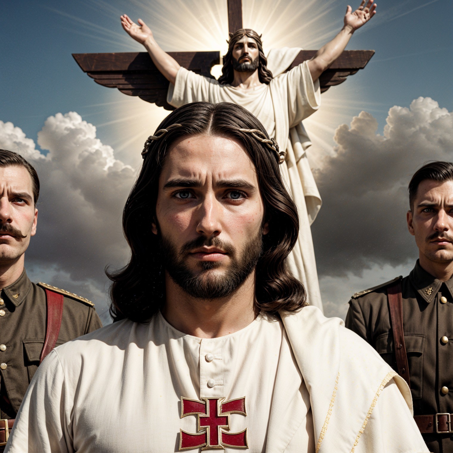 Jesus Figure Surrounded by Soldiers and Dramatic Clouds