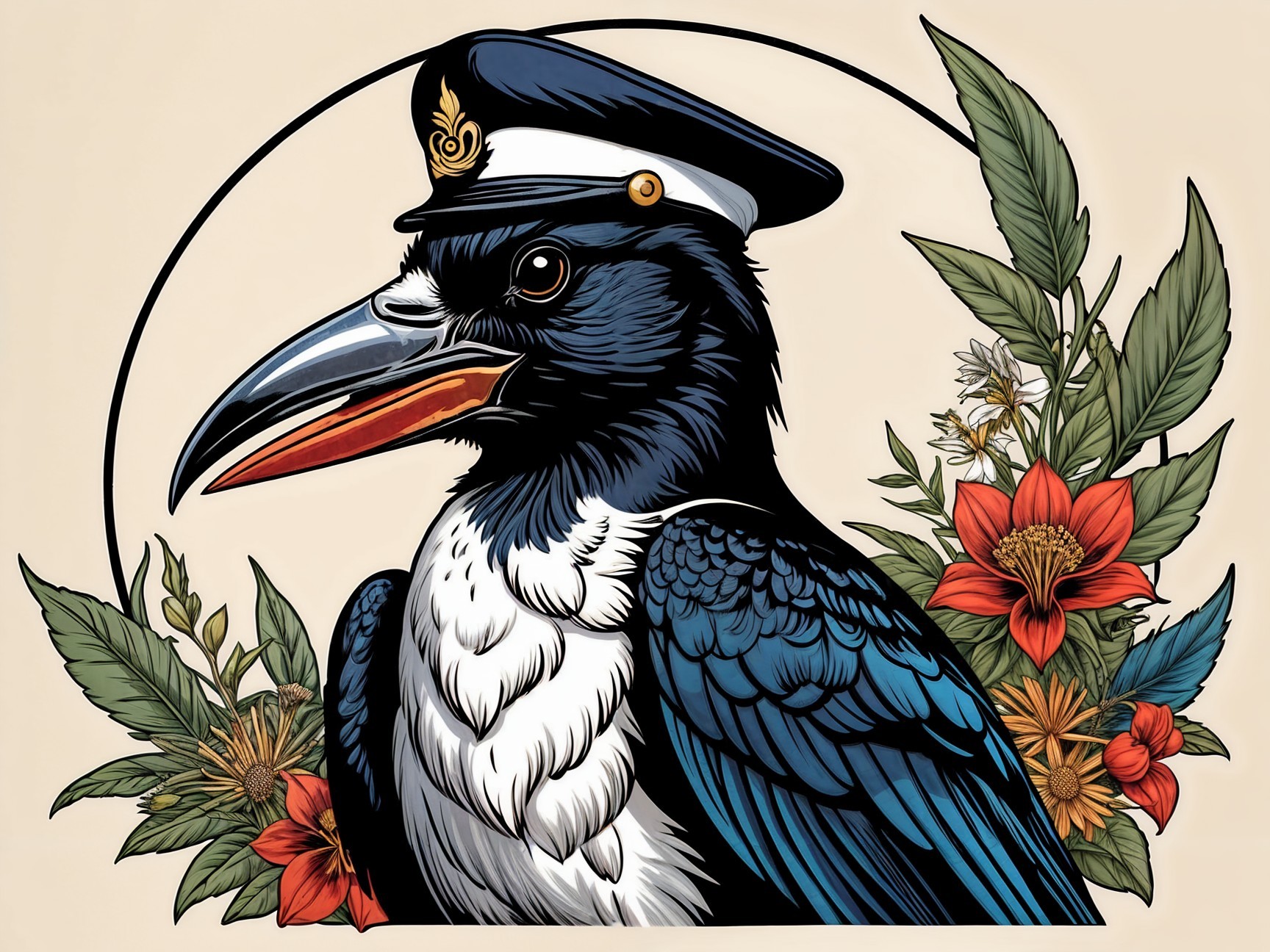 Stylized hornbill bird in naval captain's hat illustration