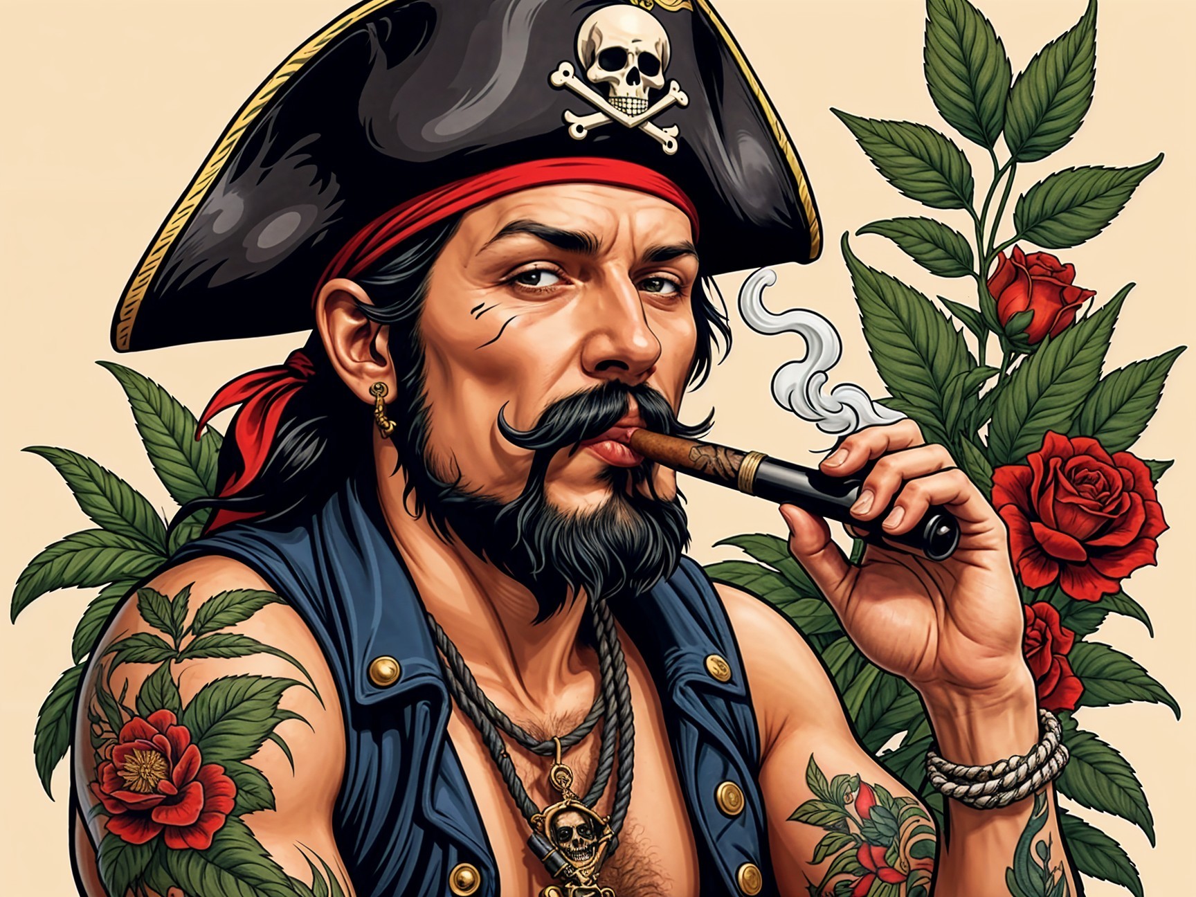 Rugged Pirate Character with Tattoos and Roses