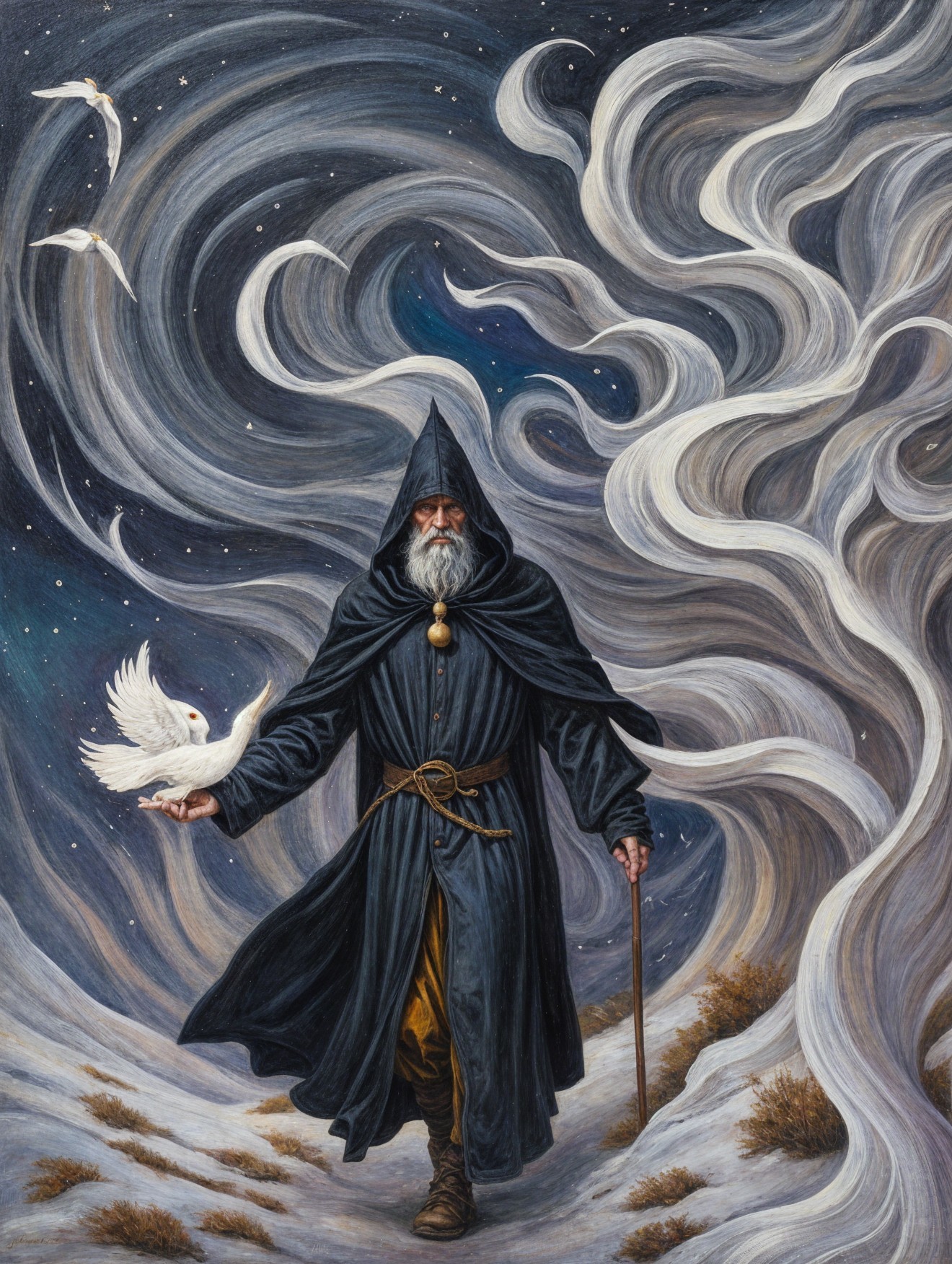 Mysterious Figure in Dark Robe with Dove and Stars