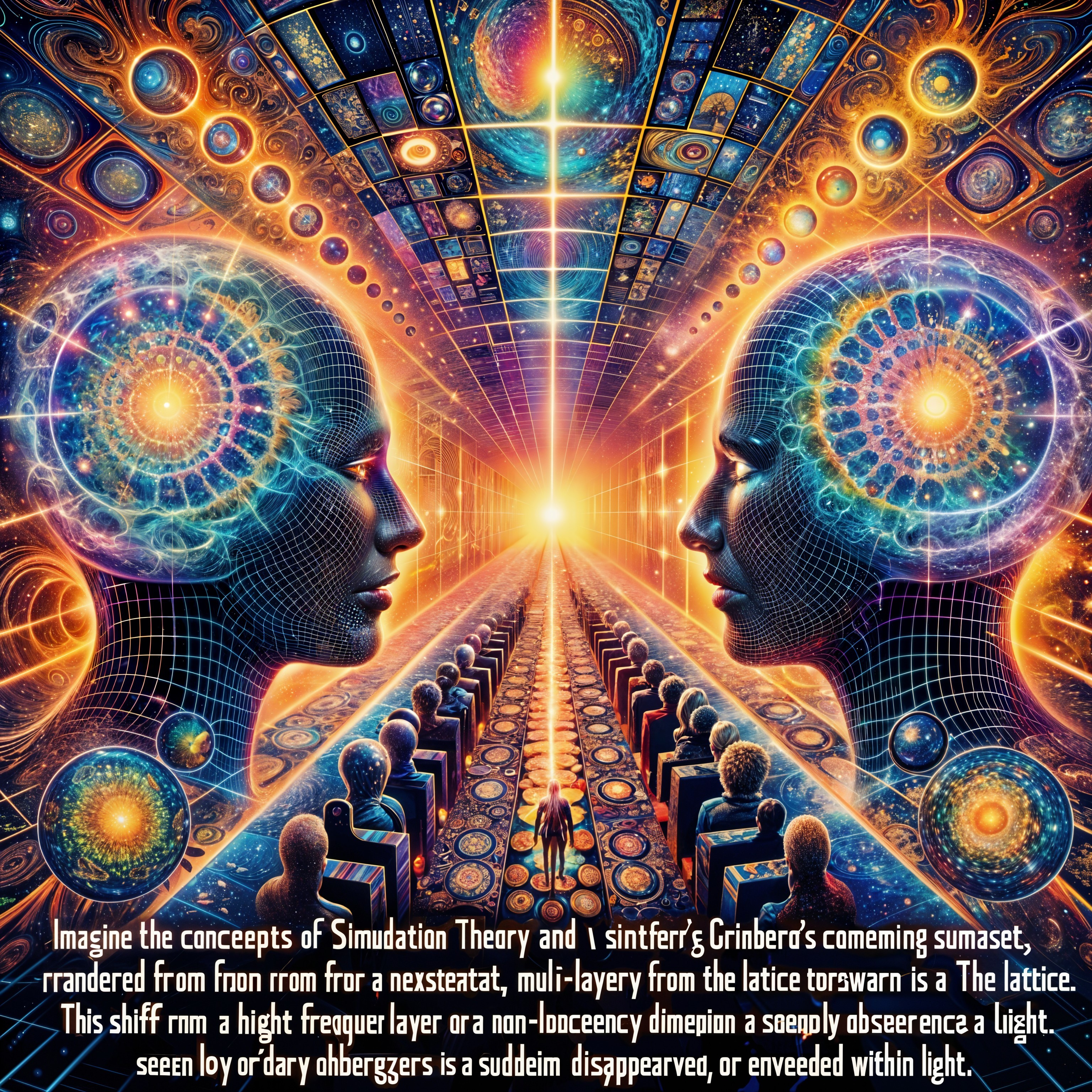 Cosmic Scene with Human-Like Figures and Patterns