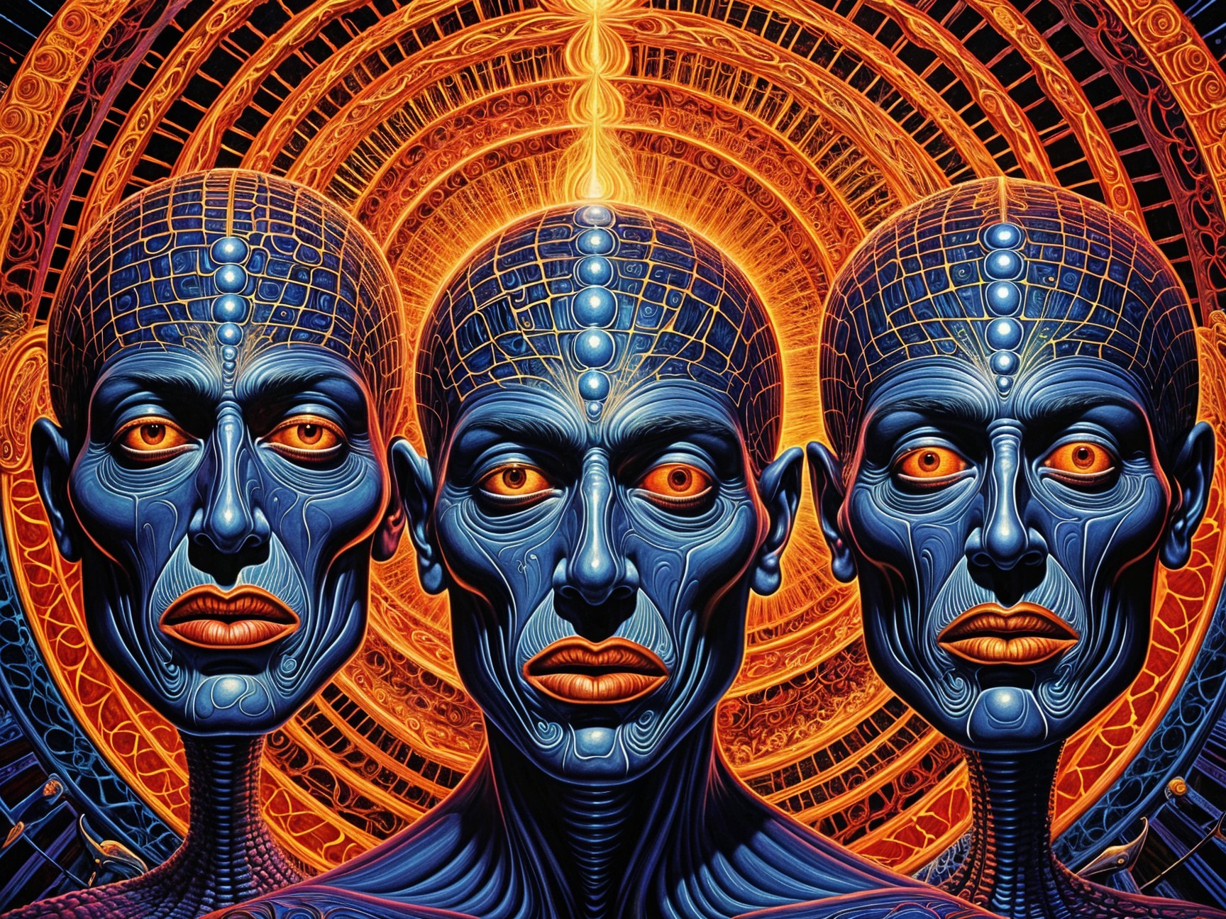 Humanoid figures with blue skin and vibrant backgrounds