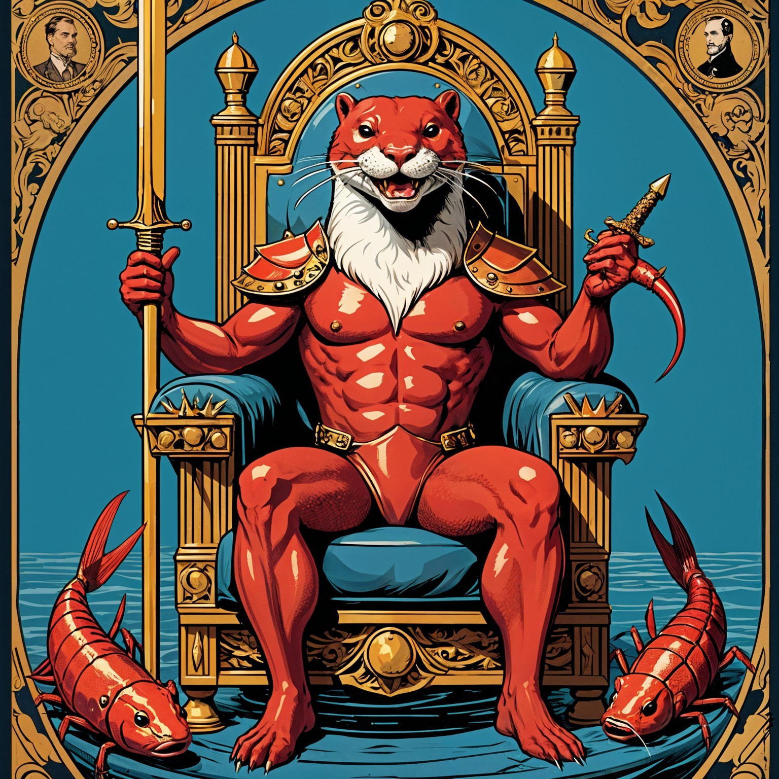 Muscular Otter on Throne with Goldfish Decor