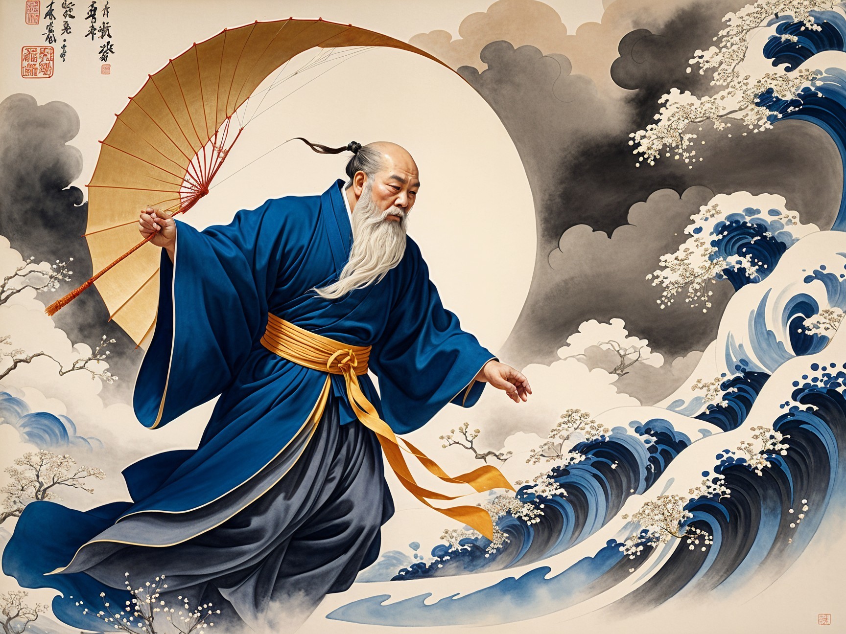 Elderly Sage with Umbrella Amidst Swirling Waves