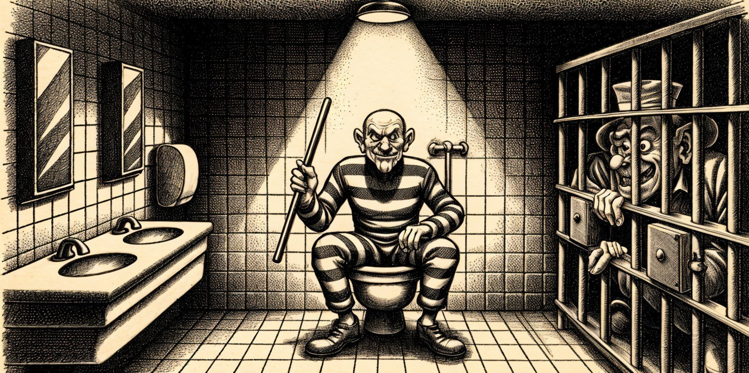 Humorous Prison Bathroom Scene with Striped Prisoner