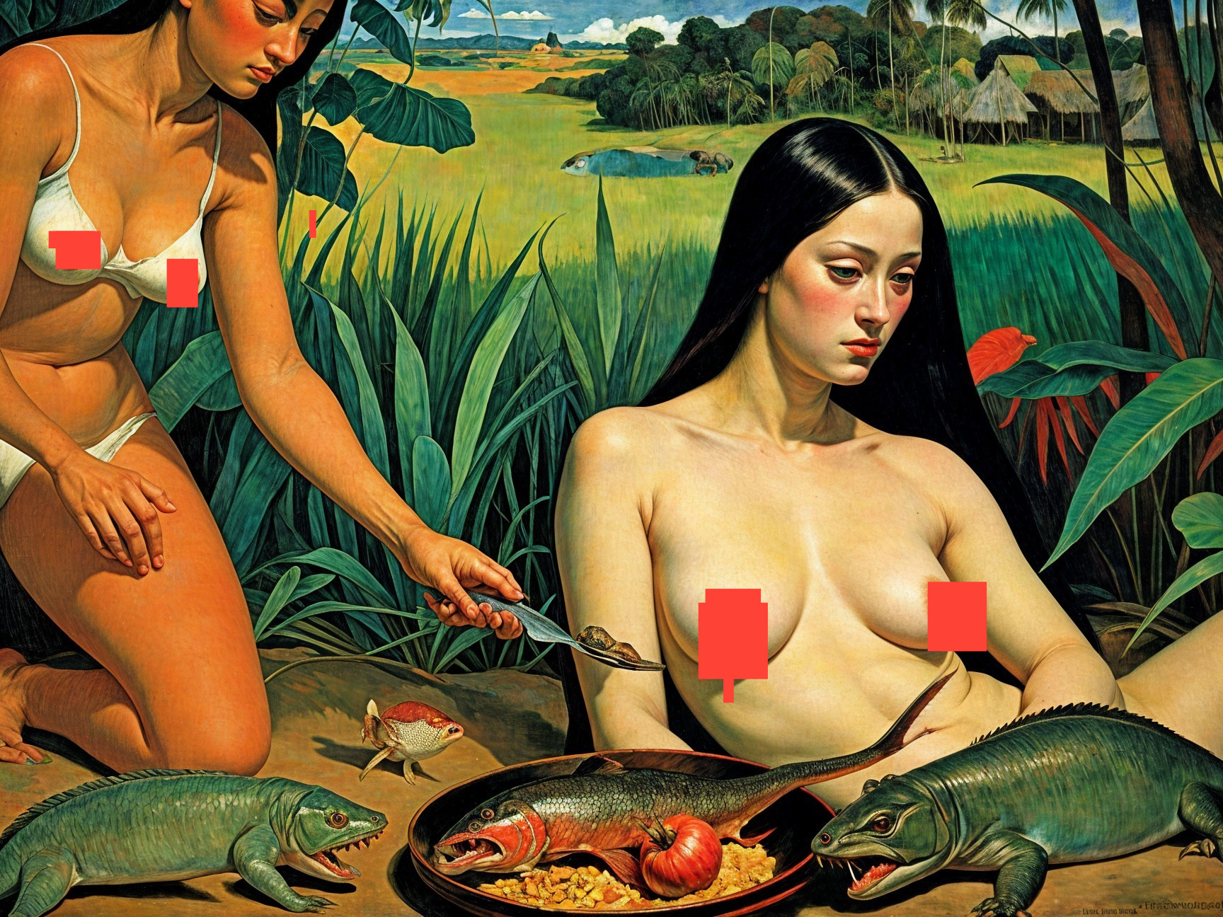 Two Women in a Tropical Setting with Food and Fruit