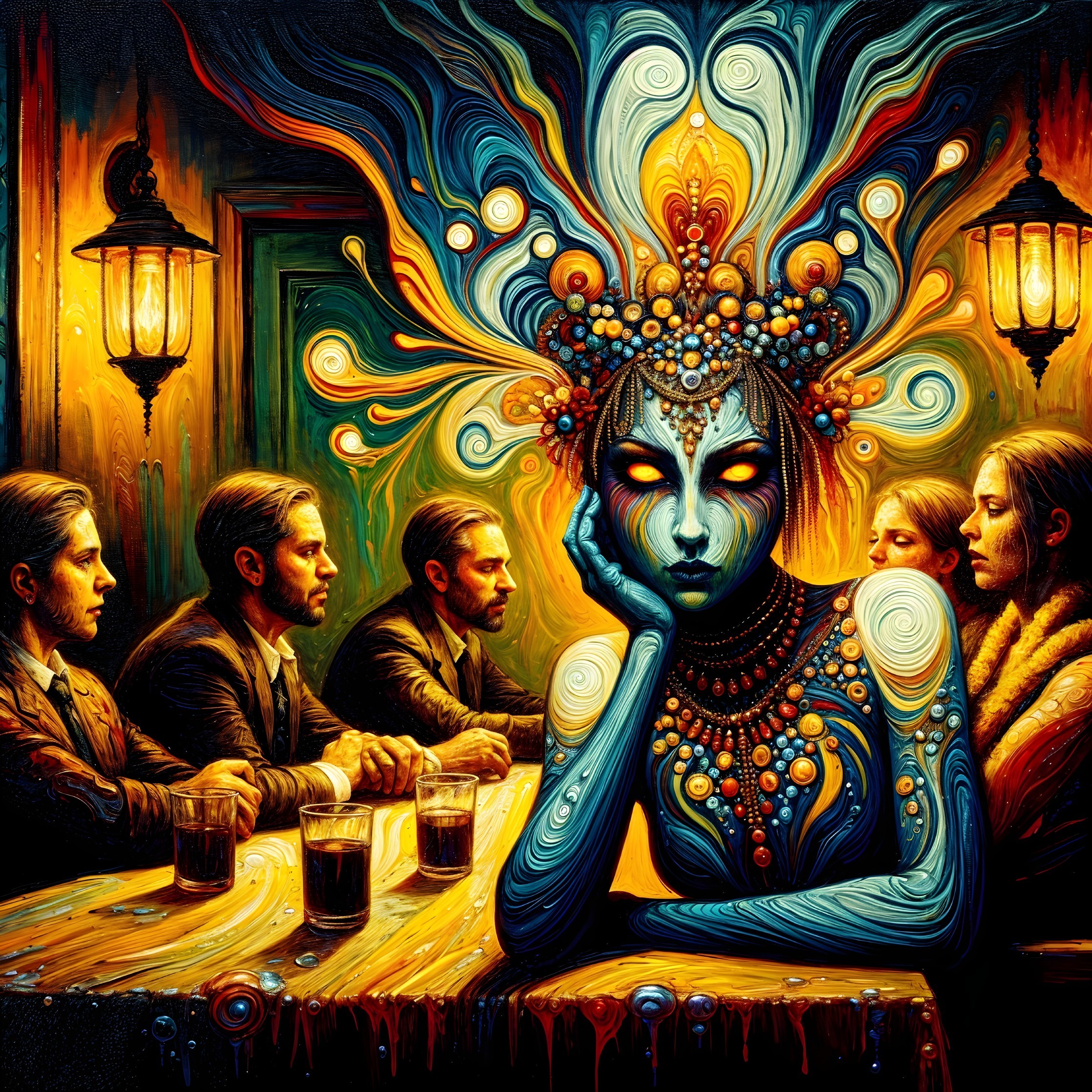 Vibrant Painting of Enchanting Figure and Gathering