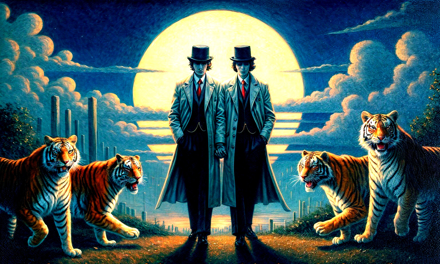 Surreal Nighttime Scene with Figures and Tigers