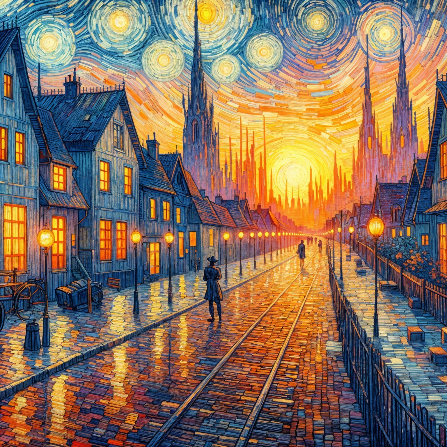 Stylized Scene of Cobblestone Street at Sunset