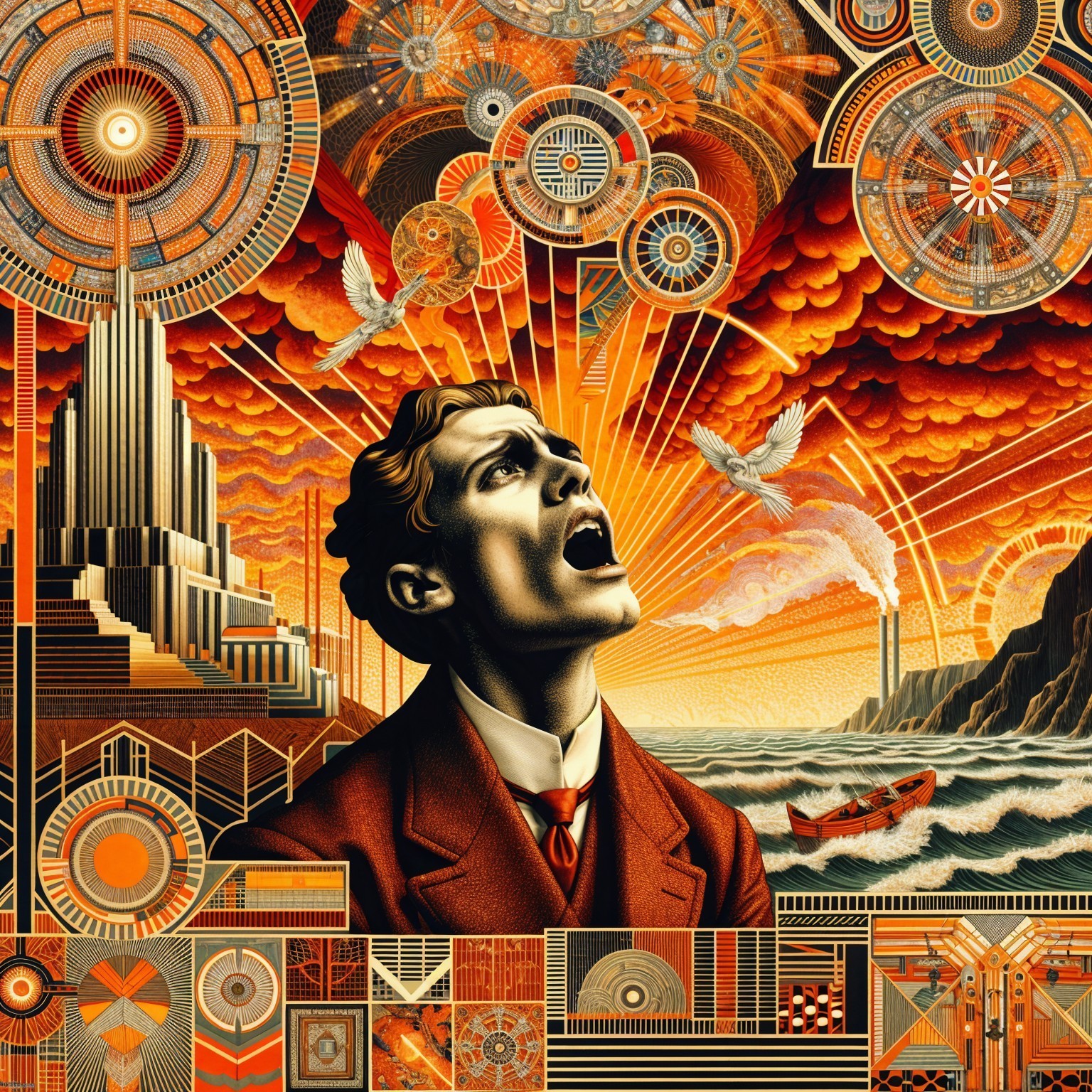 Man in Red Suit Amidst Abstract Orange Clouds