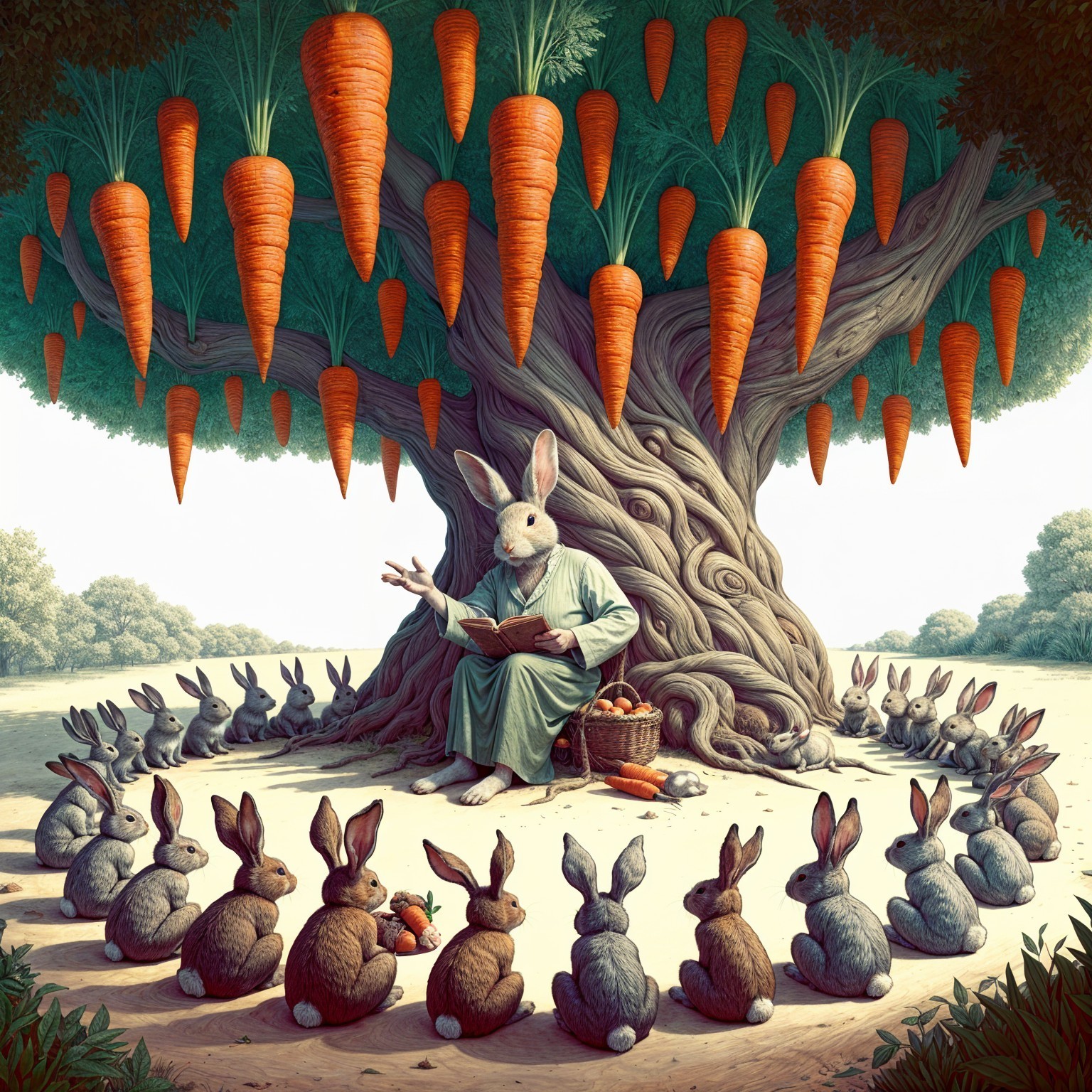 Rabbit in Robe Reads Under Tree with Carrot Fruits