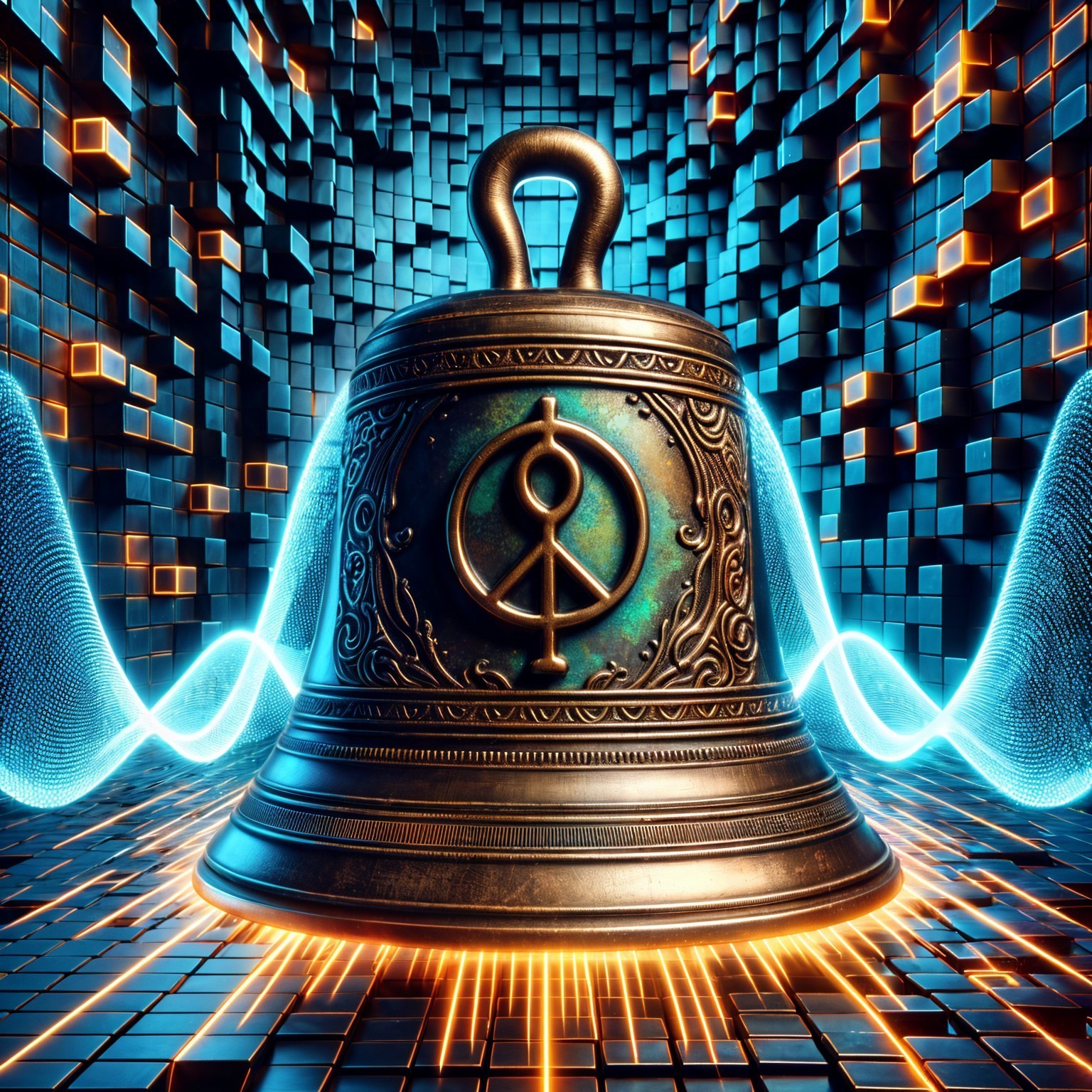 Ornate bell in futuristic digital landscape with grids