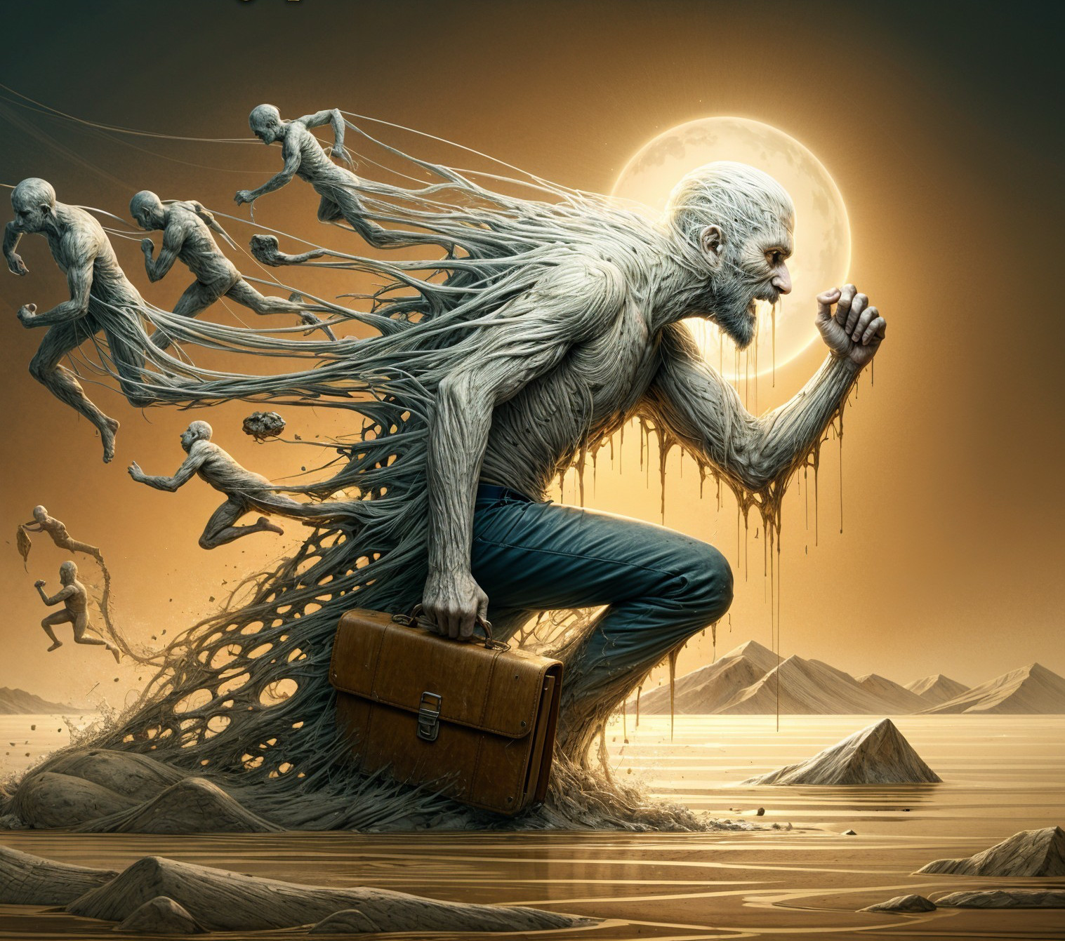 Elderly Man Running with Vines in Surreal Landscape