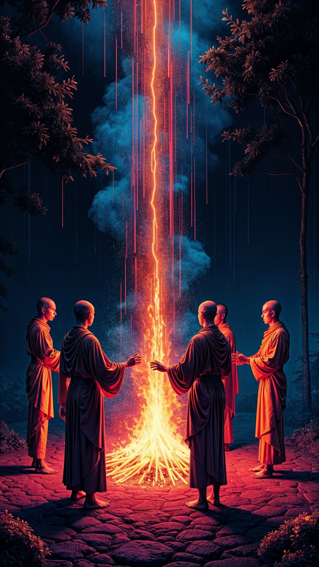 Monks Surrounding Fire in a Mystical Forest Setting