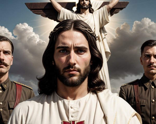 Jesus Figure Surrounded by Soldiers and Dramatic Clouds