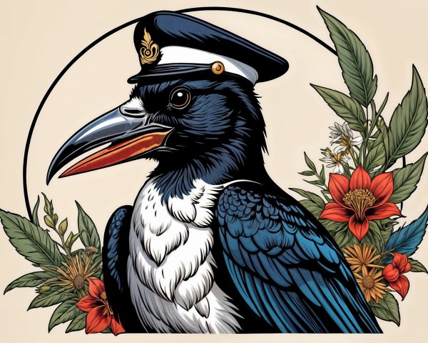 Stylized hornbill bird in naval captain's hat illustration