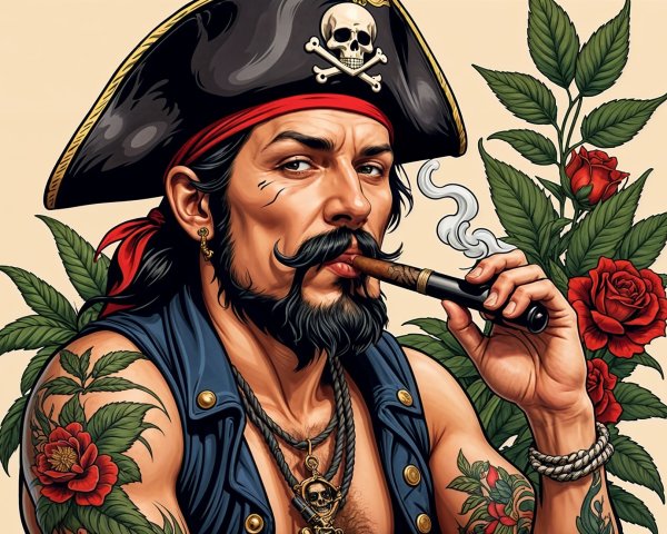 Rugged Pirate Character with Tattoos and Roses