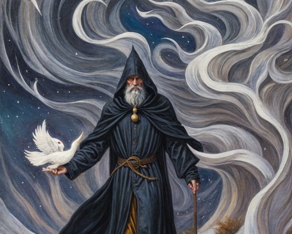Mysterious Figure in Dark Robe with Dove and Stars
