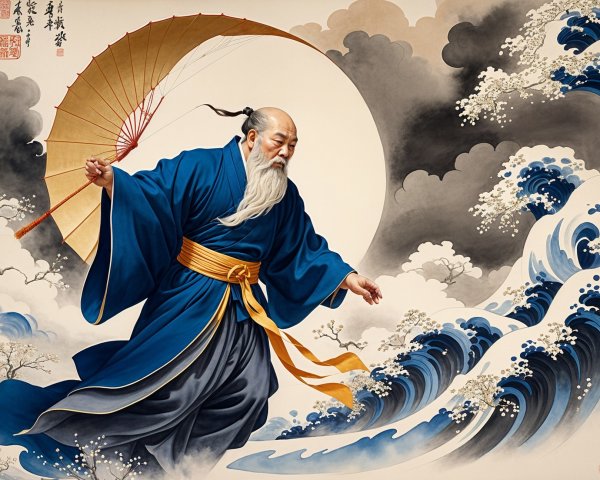 Elderly Sage with Umbrella Amidst Swirling Waves