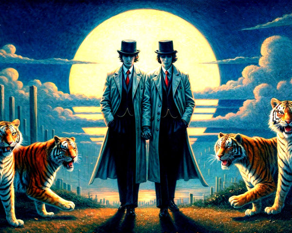Surreal Nighttime Scene with Figures and Tigers