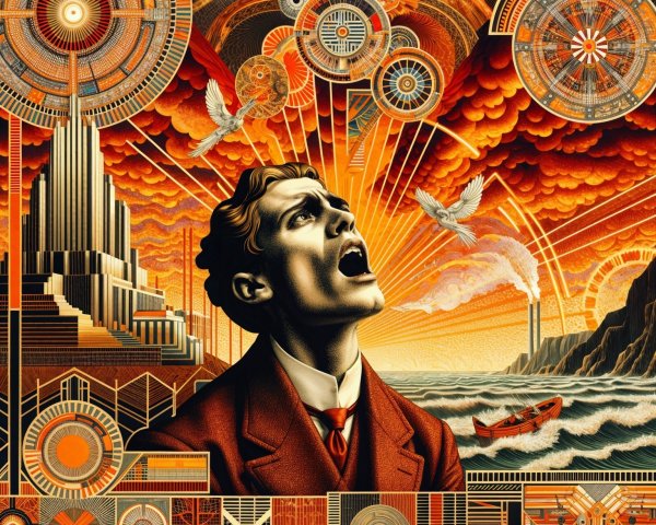 Man in Red Suit Amidst Abstract Orange Clouds