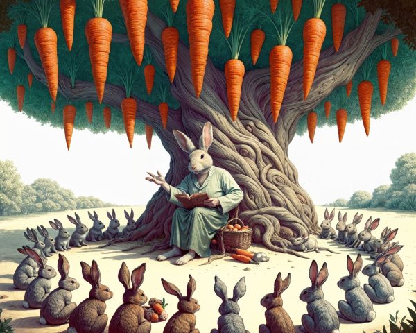 Rabbit in Robe Reads Under Tree with Carrot Fruits