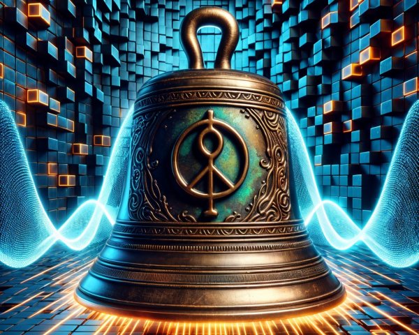 Ornate bell in futuristic digital landscape with grids