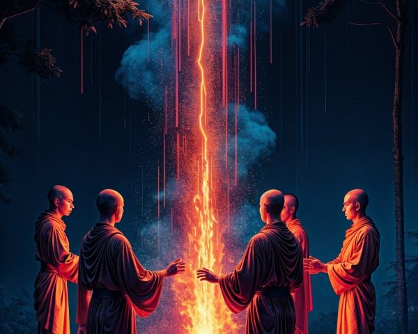 Monks Surrounding Fire in a Mystical Forest Setting