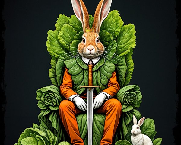 Whimsical Figure with Rabbit Head on Cabbage Throne