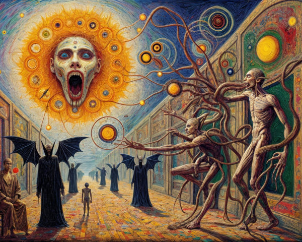 Surreal Gallery Scene with Grotesque Figures and Trees