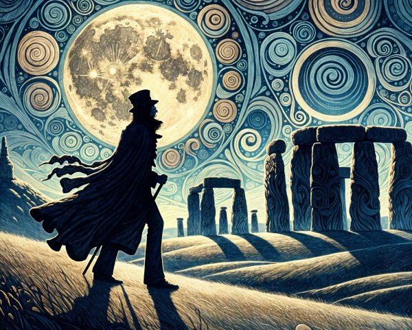 Surreal Landscape with a Figure and Glowing Moon