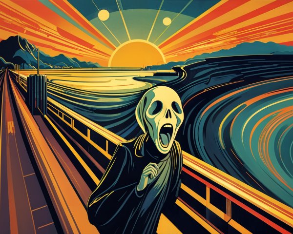 Surreal Landscape with Skull Figure and Sunset Colors