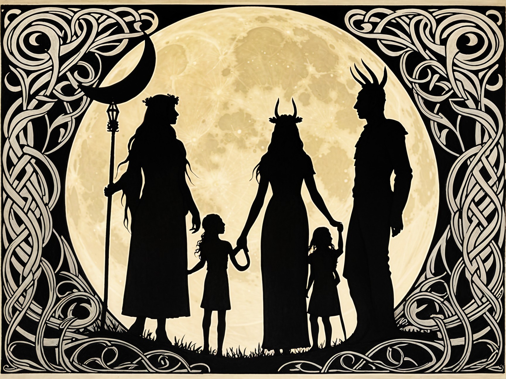 Silhouette Artwork of Figures in Mystical Setting