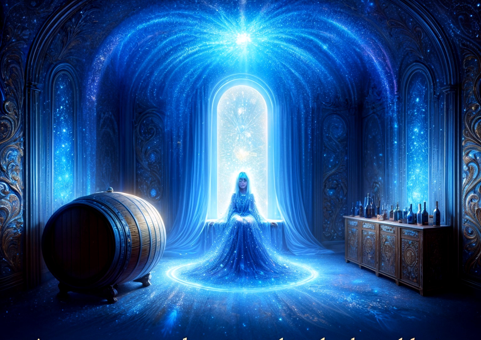 Ornate Room with Figure in Blue Gown and Cosmic Light
