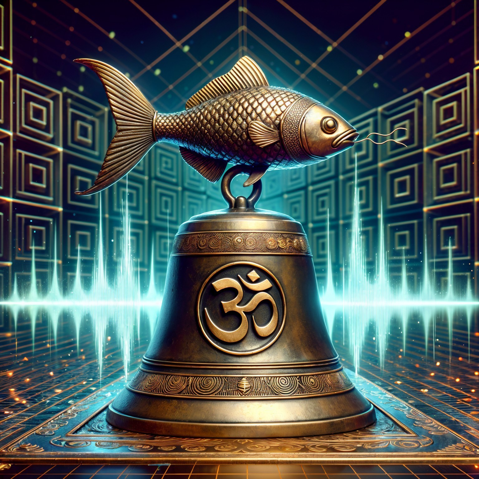 Bronze Bell with Fish Base and Geometric Patterns
