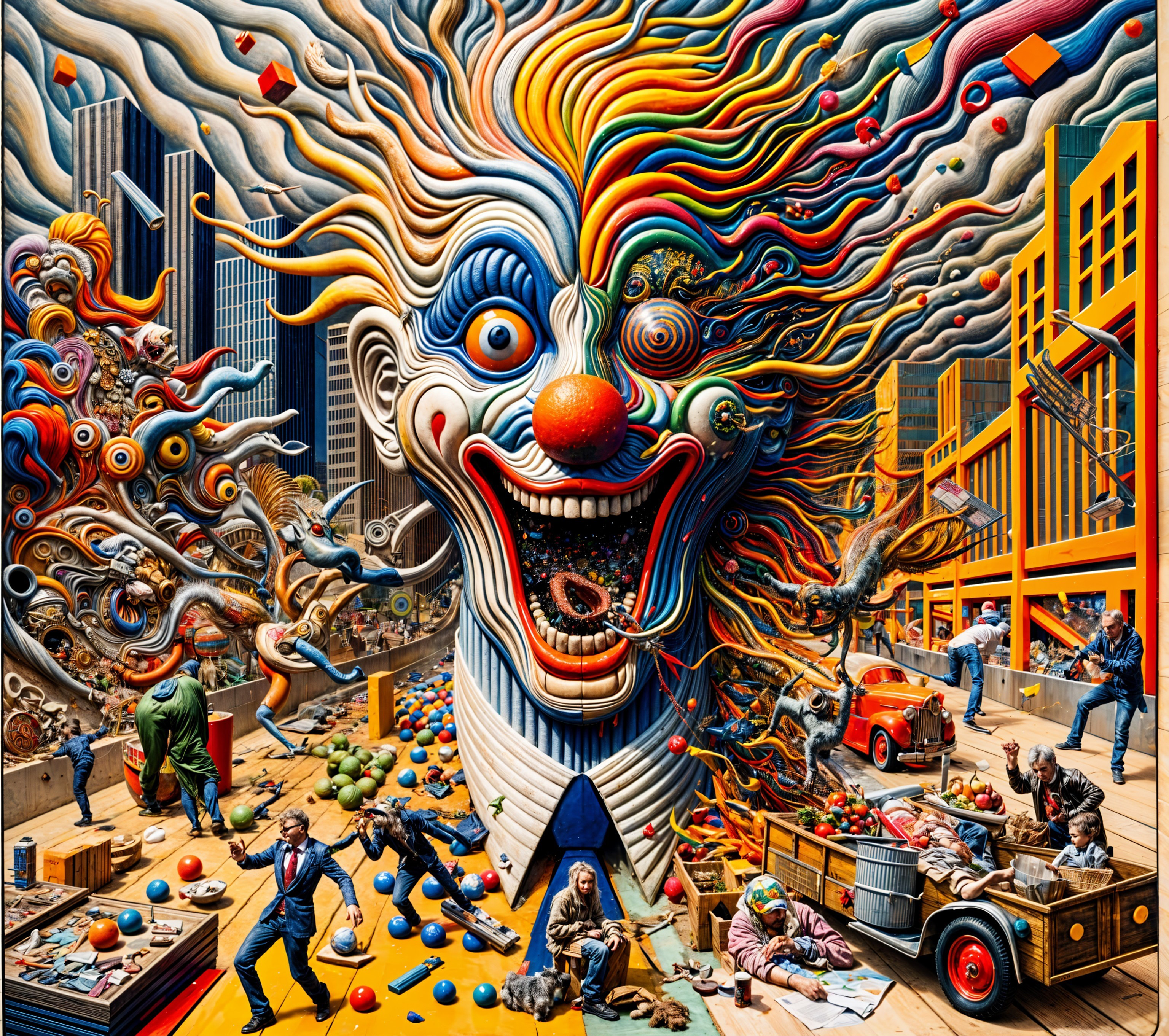 Surreal Urban Scene with Giant Clown Head and Chaos